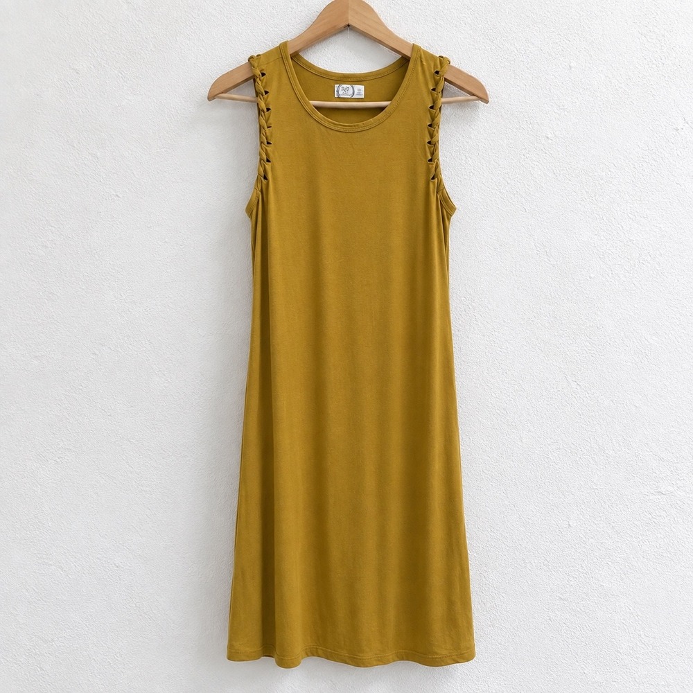 Maurices 24/7 Mustard Yellow Braided Shoulder Sleeveless A-Line Dress XS Rayon